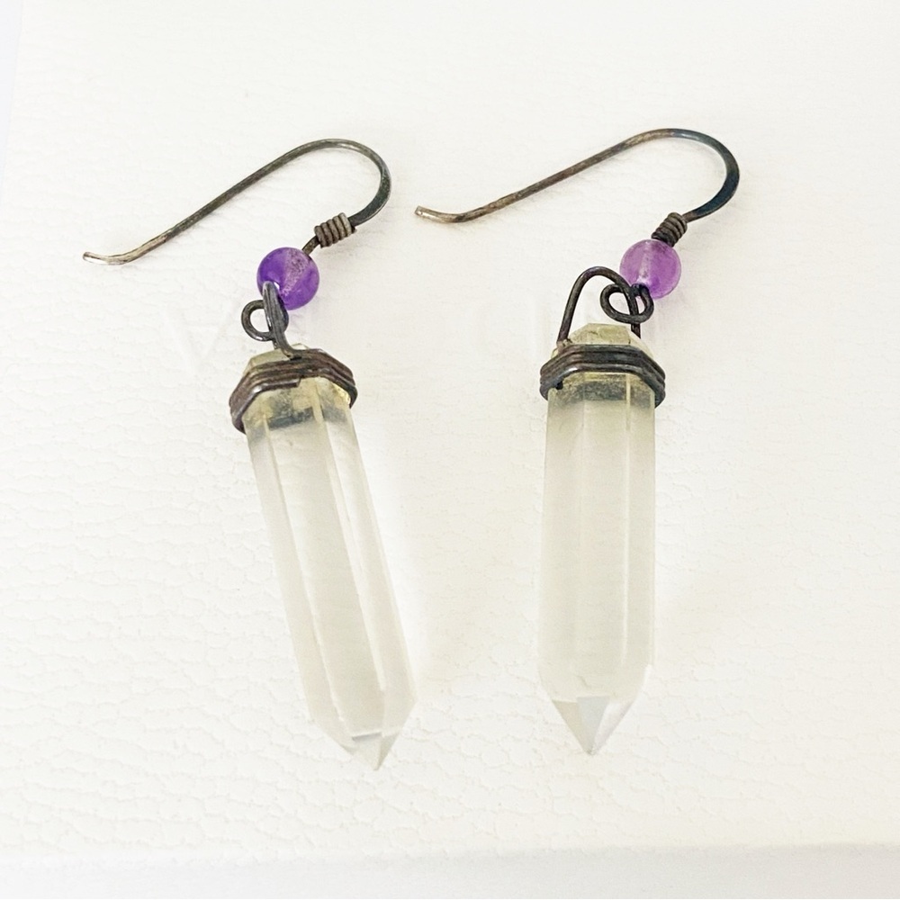 Sterling silver amethyst crystal point drop earrings
